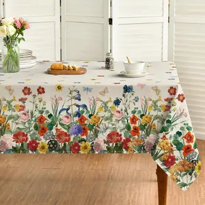 Spring Tablecloth Rectangular, Floral Flowers Watercolor Washable Table Cover for Party Picnic Dinner Decor Disposable Christmas