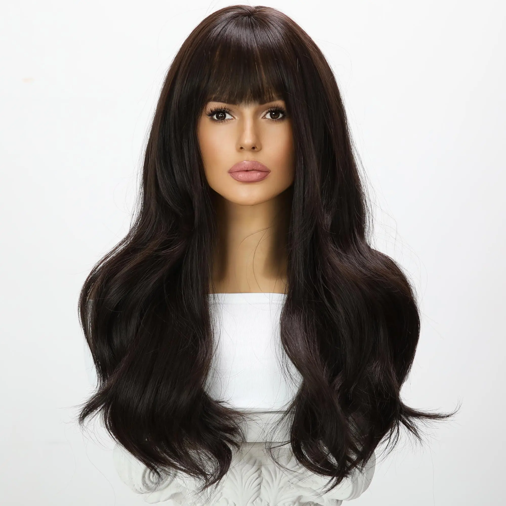 Long Curly Synthetic Hair Wig with Bangs for Women, 22-Inch Dark Brown Natural Looking Wigs, Heat-Resistant with a Comfortable Fit, Mesh Cap