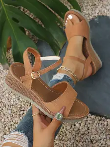 Women's 2026 Summer Vacation Essential Suede Open Toe Espadrille Wedge Sandals, Ankle Buckle Strap Footwear for Beach, Poolside & Casual Summer Days