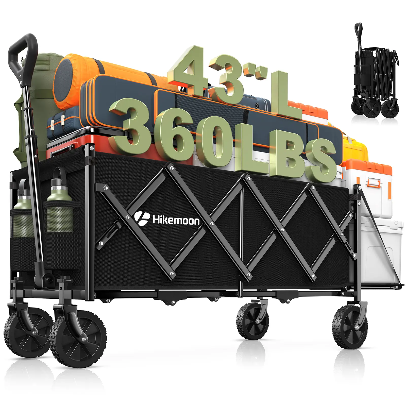 Hikemoon Collapsible Garden Trolley Wagon - 360LBS Capacity, 43" Extra Long, 360-Degree Swivel Wheels, Extended Tailgate, 14 lbs, 12-Month Coverage, Portable for Grocery Shopping, Camping, Black&Pink, Gardening, Wagon Cart