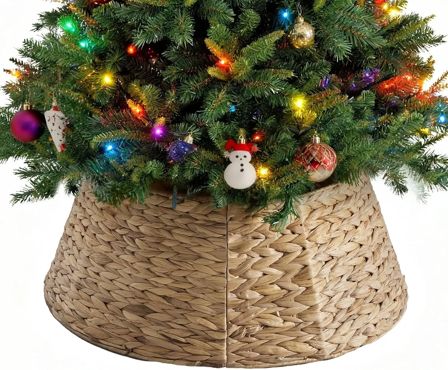 24inch Xmas Tree Collar for 4-7ft Trees, Braided Hyacinth Rattan with Lock Design & Cord Hole |