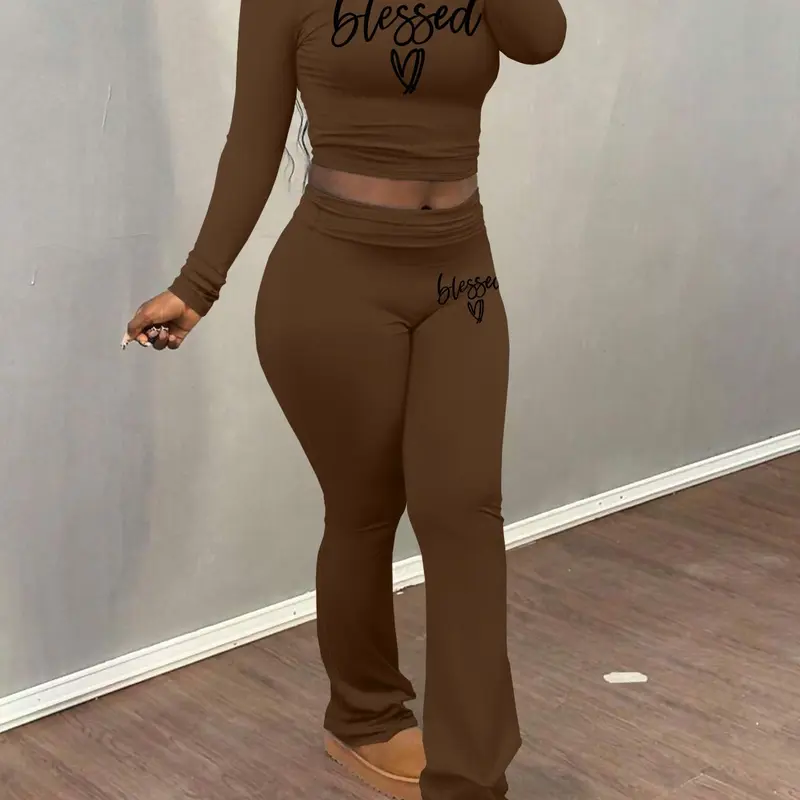 Women's Letter Print Crop Tee & Flare Leg Pants Two-piece Set, Casual Fashion Cozy Round Neck Long Sleeve Fitted Top & Bell Bottom Trousers for Daily Outdoor Wear, Women's Clothing for Fall & Winter