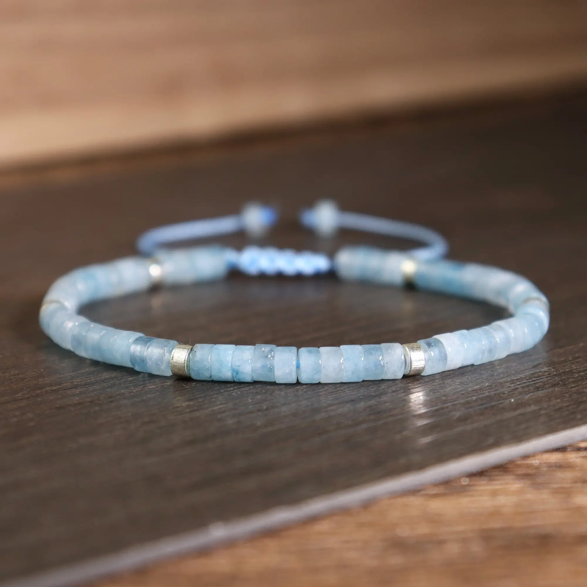 Natural Aquamarine Stone Bracelet Healing Crystal Barrel Gemstone Braided Dainty Bracelet Handmade Minimalist Style for Daily Use Gift for her, gift f
