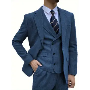Elegant Men's Herringbone Tweed Suit Set, Wool Blend, Vintage Style, Jacket, Vest, Pants