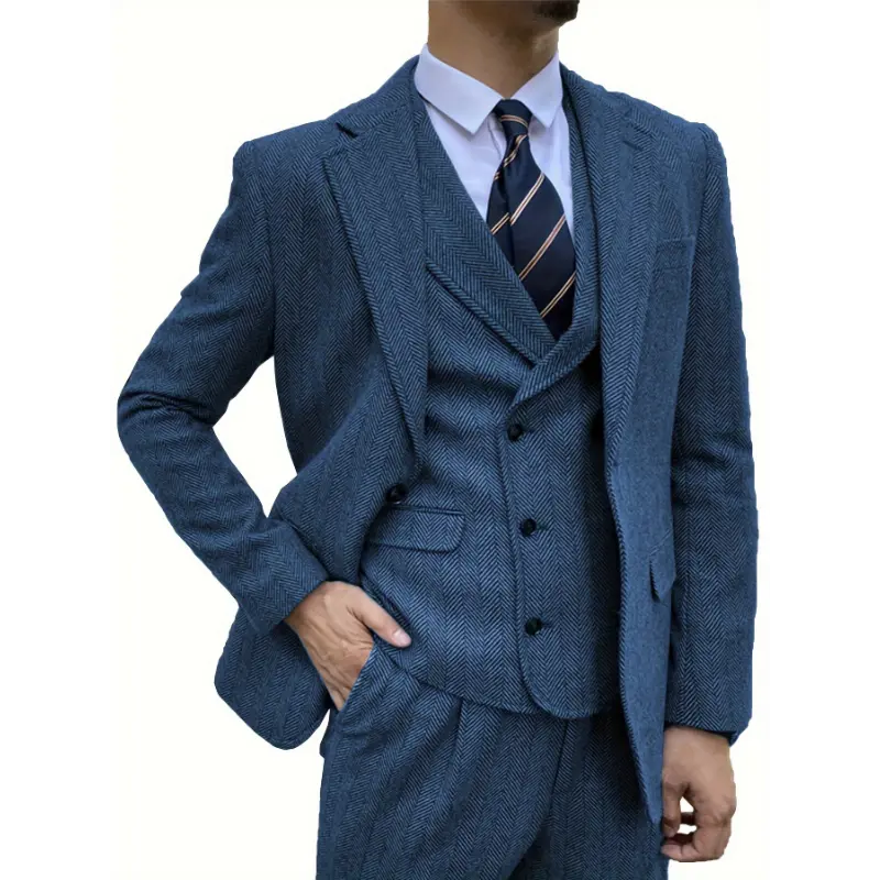 Men's 3-Piece Suit Set - Vintage Herringbone Tweed Wool Blend Formal Menswear, Regular Fit with Slight Stretch, Longsleeves Shirt, Vest, Solid Polyester Top, Notched Design, Pocket Detail