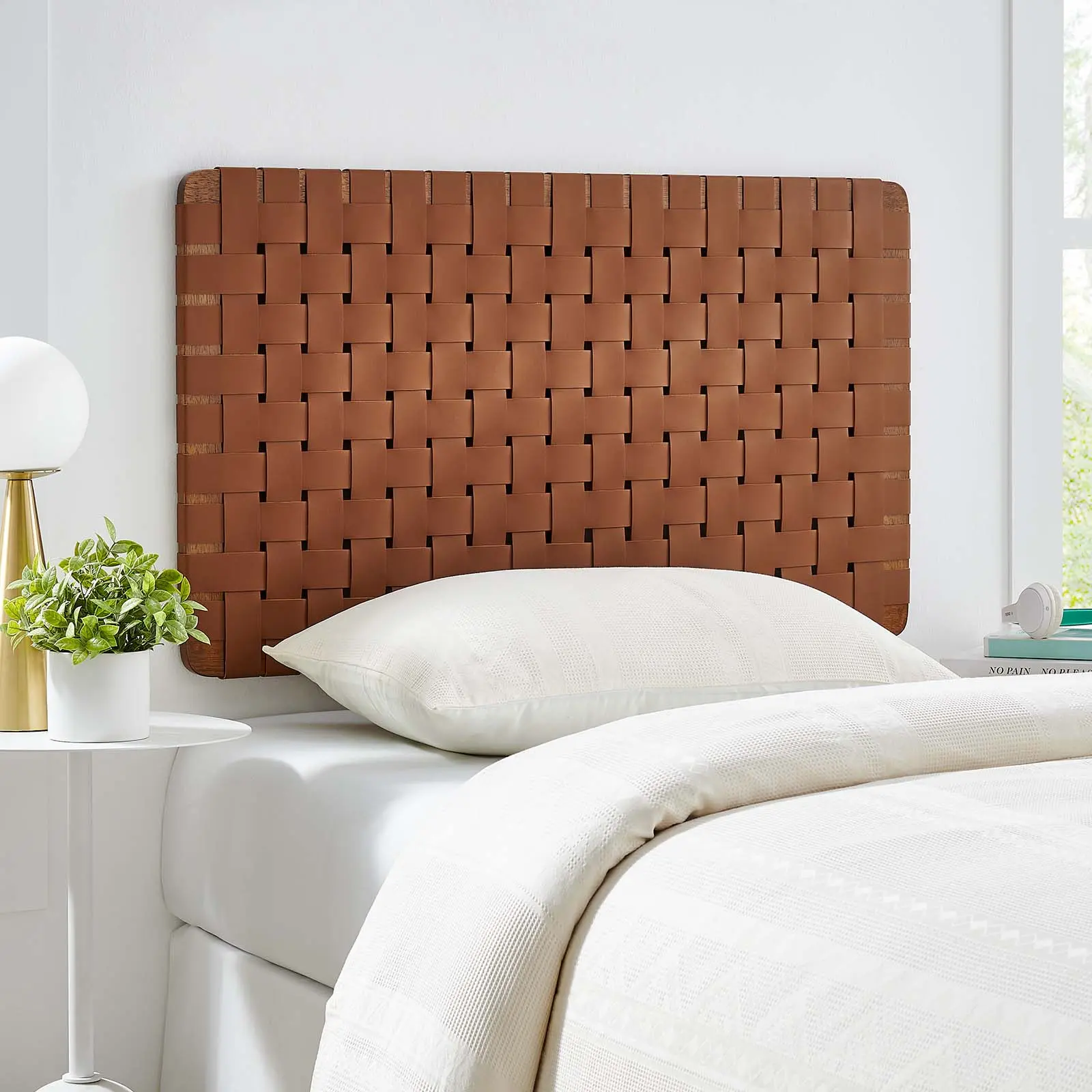 Modway Sparta Weave Wall-Mount Twin Vegan Leather Headboard, Walnut Brown Indoor Furniture Bed Frame Accessory