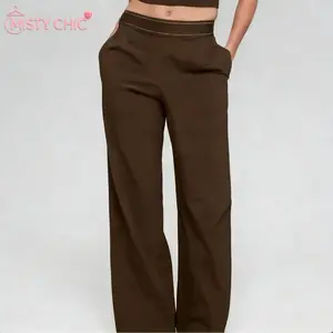 MISTY CHIC Women's Polished High Waist Wide Leg Pants, Contrast Stitch Waistband, Side Pockets, Relaxed Silhouette, Wrinkle-Resistant Fabric Ideal For Casual Office Trips And Soft Minimal Fashion Looks