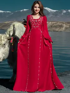 Embroidered Abaya Dress, Formal Wear, V Neck, & Silver Beads, Flare Sleeves, Elegant Fitted, Perfect for Formal Weddings & Eid Celebrations