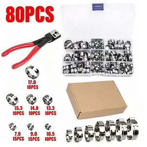 80pcs Stainless Steel Single Ear Clamps Set, Adjustable Heavy Duty Hose Clips for Pipe Fixing, Includes Special Pliers, Hardware Tools
