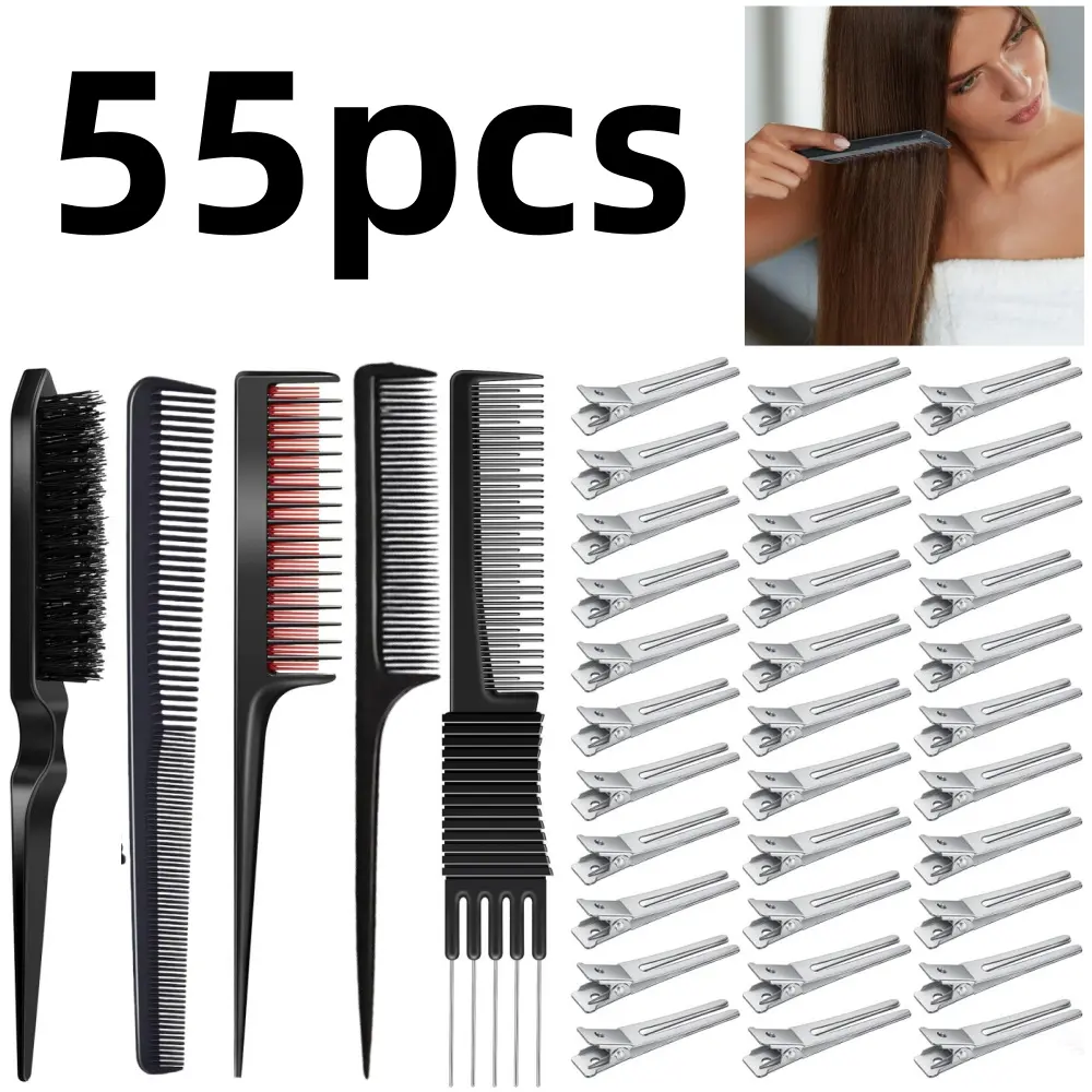 5 pcs Edge Brush Rat Tail Comb Set with 50 Metal Clips Double Prong Pin Professional Teasing-Comb for Braids, Coloring and Styling