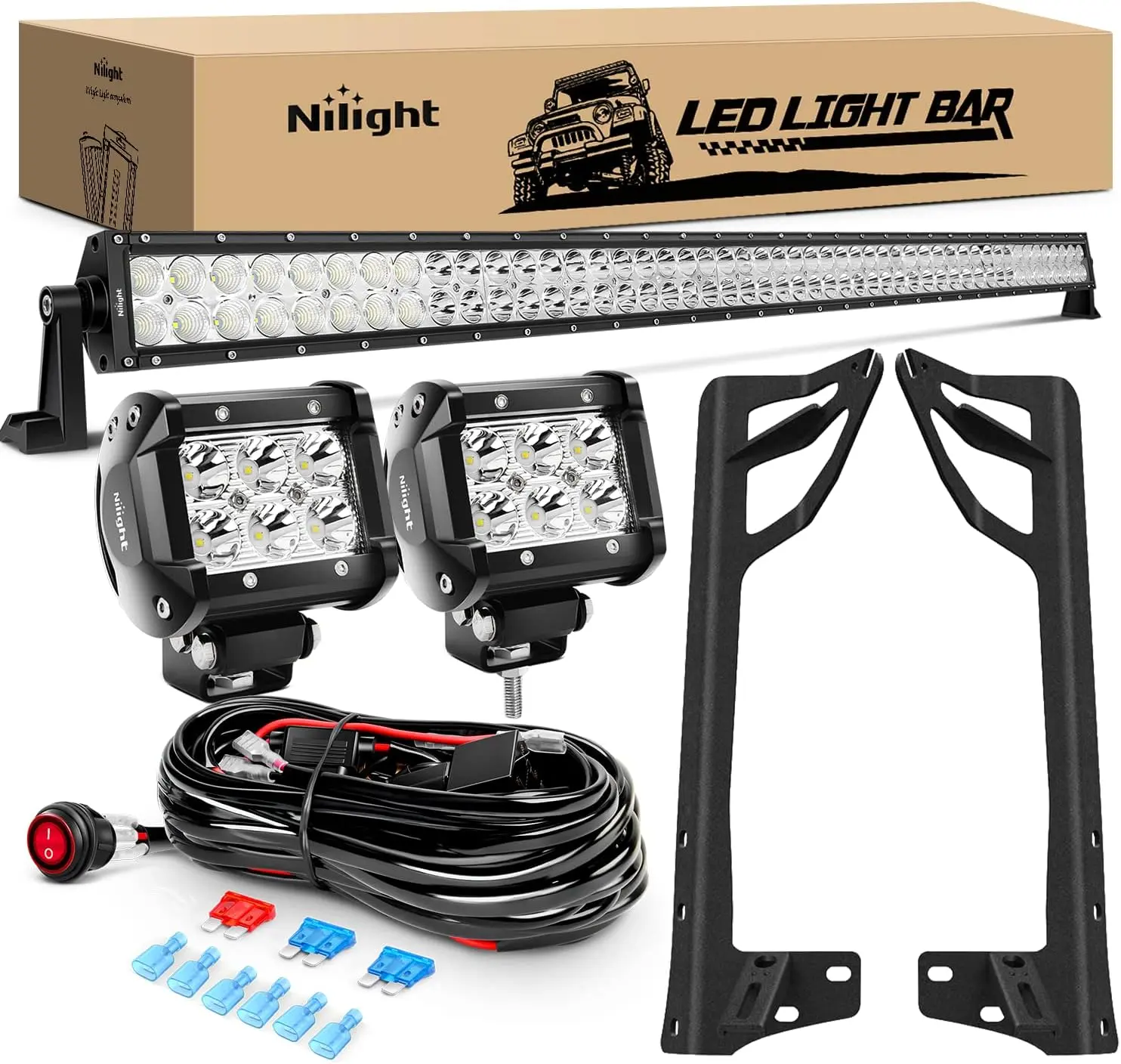 Nilight 52Inch Led Light Bar Spot Flood 2Pcs 18W 4Inch Spot LED Pods Windshield Frame Mounting Bracket on Wrangler JK 2007-2017 with Off Road Wiring Harness- 3 Leads Car Accessories  dealsforyoudays, Led Work Light, Cars Accessories