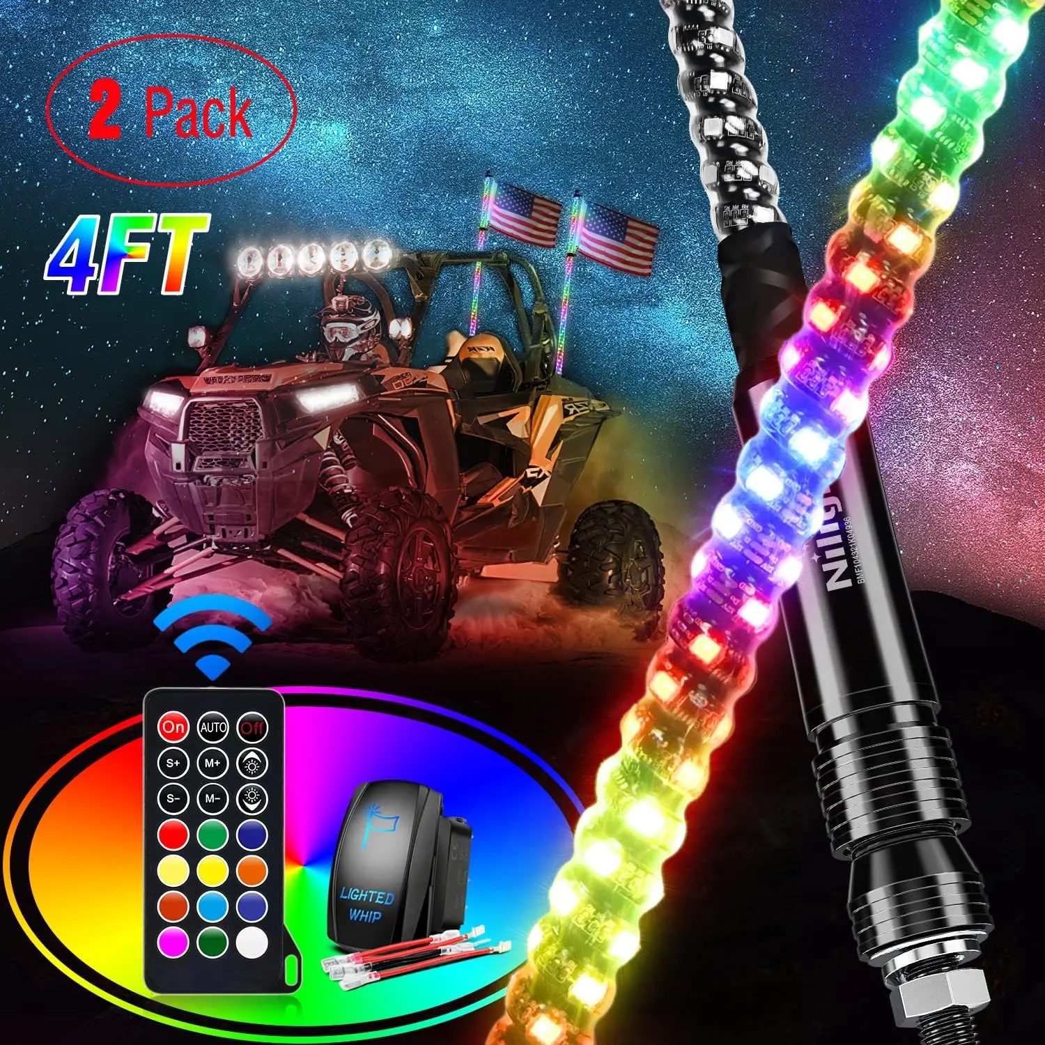 Nilight 2PCS 4FT Spiral RGB LED Whip Lights - Stainless Steel Light Strip, Programmable Dancing Antennas, RF Remote Control, Ambient Lighting for ATV, RV, Boating, Off-Road Vehicles (Including Can-Am Models), Color Changing