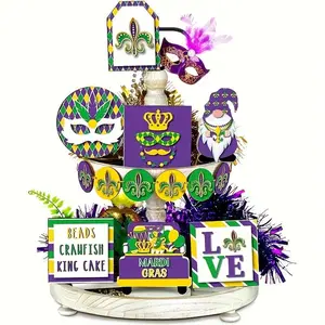 Mardi Gras Themed Tiered Tray Decorations, 13pcs/set Mardi Gras Themed Wooden Ornament, Home Decor for Living Room Bedroom, Party Decoration Supplies