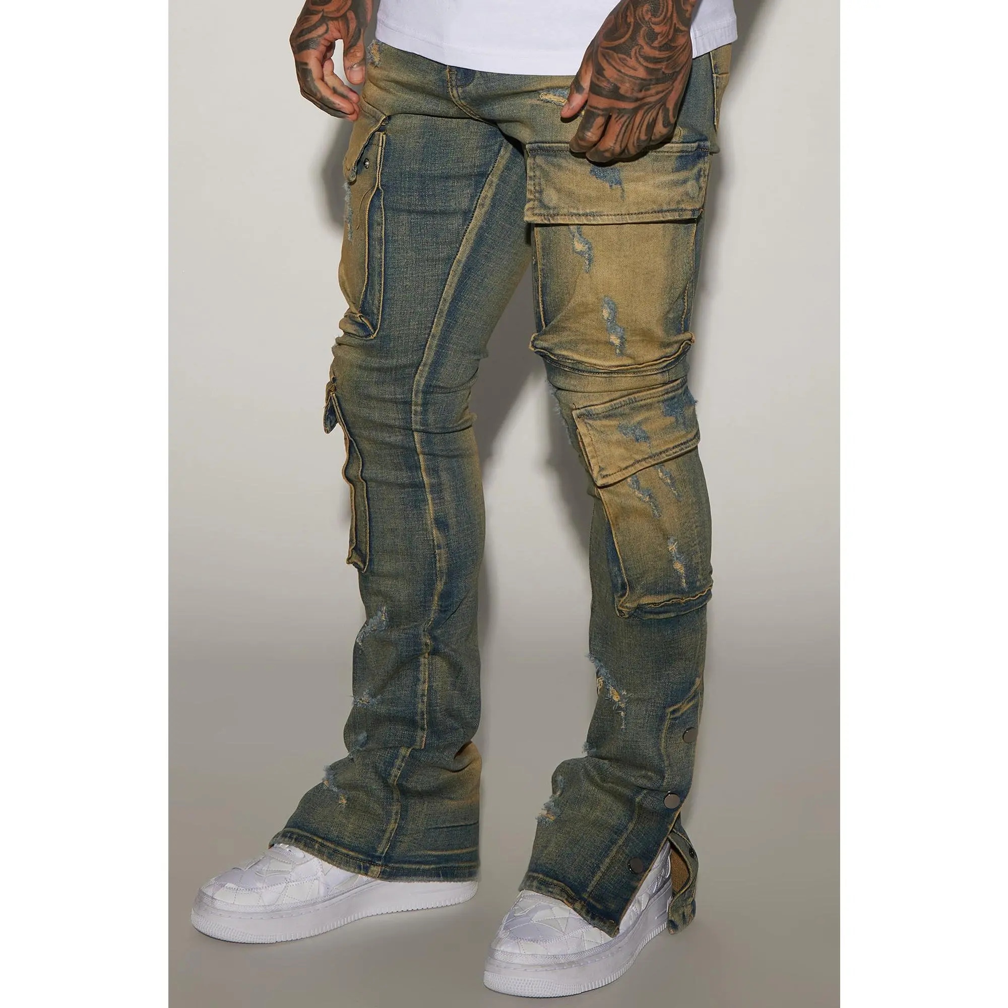 On The Set Stacked Skinny Snap Flare Jeans - Vintage Wash