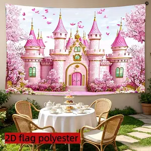 2D flat 1pc pink castle background cloth, dreamy princess castle with cherry blossom tree and butterfly elements, suitable for birthday parties, princess-themed birthday decorations, multiple sizes available, outdoor party photo background, polyester deco