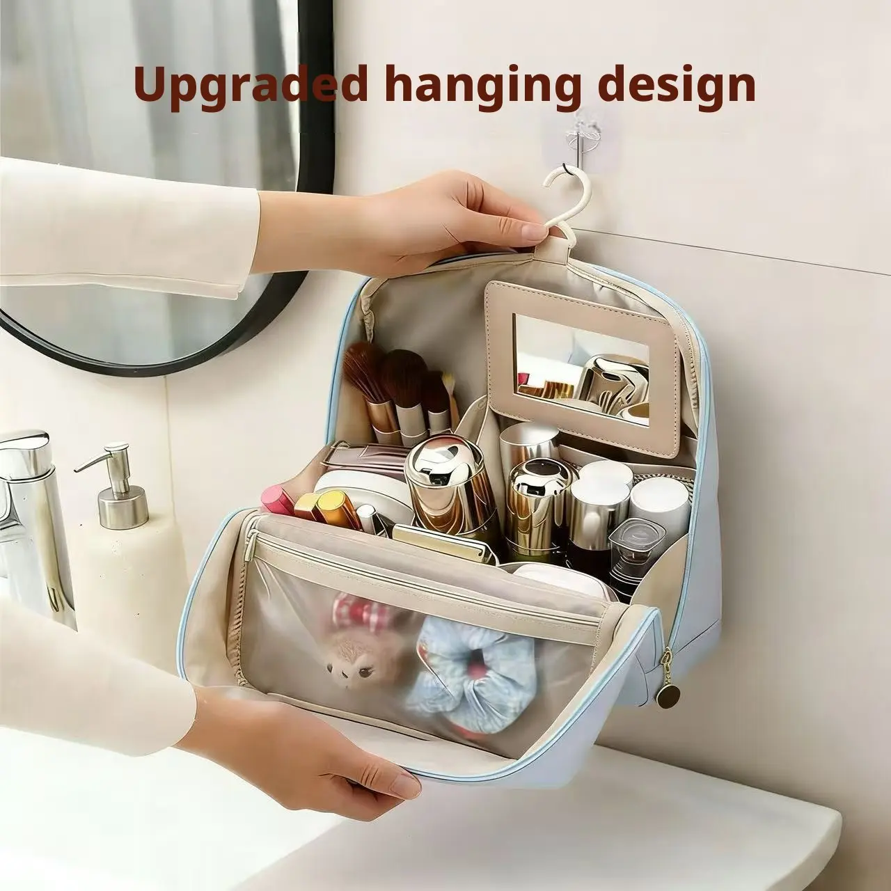 Portable Travel Cosmetic Organizer Bag, Large Capacity Multi-Compartment Mirror Case, Outdoor Essentials Storage, Easy-To-Carry Design, Cosmetics Organizer, Travel Makeup Organizer, Makeup Bags