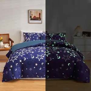 Purple Galaxy Glow-in-the-Dark Comforter Duvet Set - Twin Size, Outer Space Stars Moon Design, Breathable Microfiber, Machine Washable Bedroom Bedding Set, Breathable Duvet Set