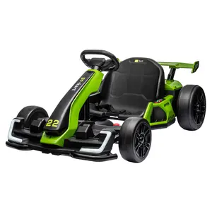 24V Green Electric Drift Go Kart Ride On Car for 6-12 Year Old Kids, Steel Frame, 2 Powerful Motors, Adjustable Seat, LED Lights, Music, Safety Belt (Christmas Gift)