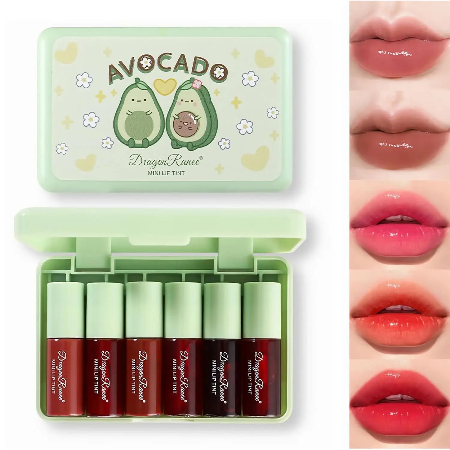 6-Color Korean Compact Cosmetic Mini Set - Multi-Use Liquid Blush & Moisturizing Lip Tint, Avocado-Hydrating Lip Gloss, Colorful Matte Waterproof All-Day Wear Lipstick for Parties