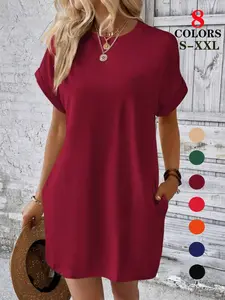 2026 Women's Plus Size Summer T Shirt Dress, Basic Solid Color Crew Neck Batwing Short Sleeve Loose Casual Versatile Mini Dress for Daily Vacation Beach Errands Wear Womenswear