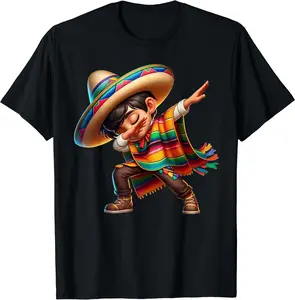 Menswear Mexican Boy Dabbing Poncho Cinco de Mayo T-Shirt Short Sleeve Polyester Cotton Round Neck Streetwear Top