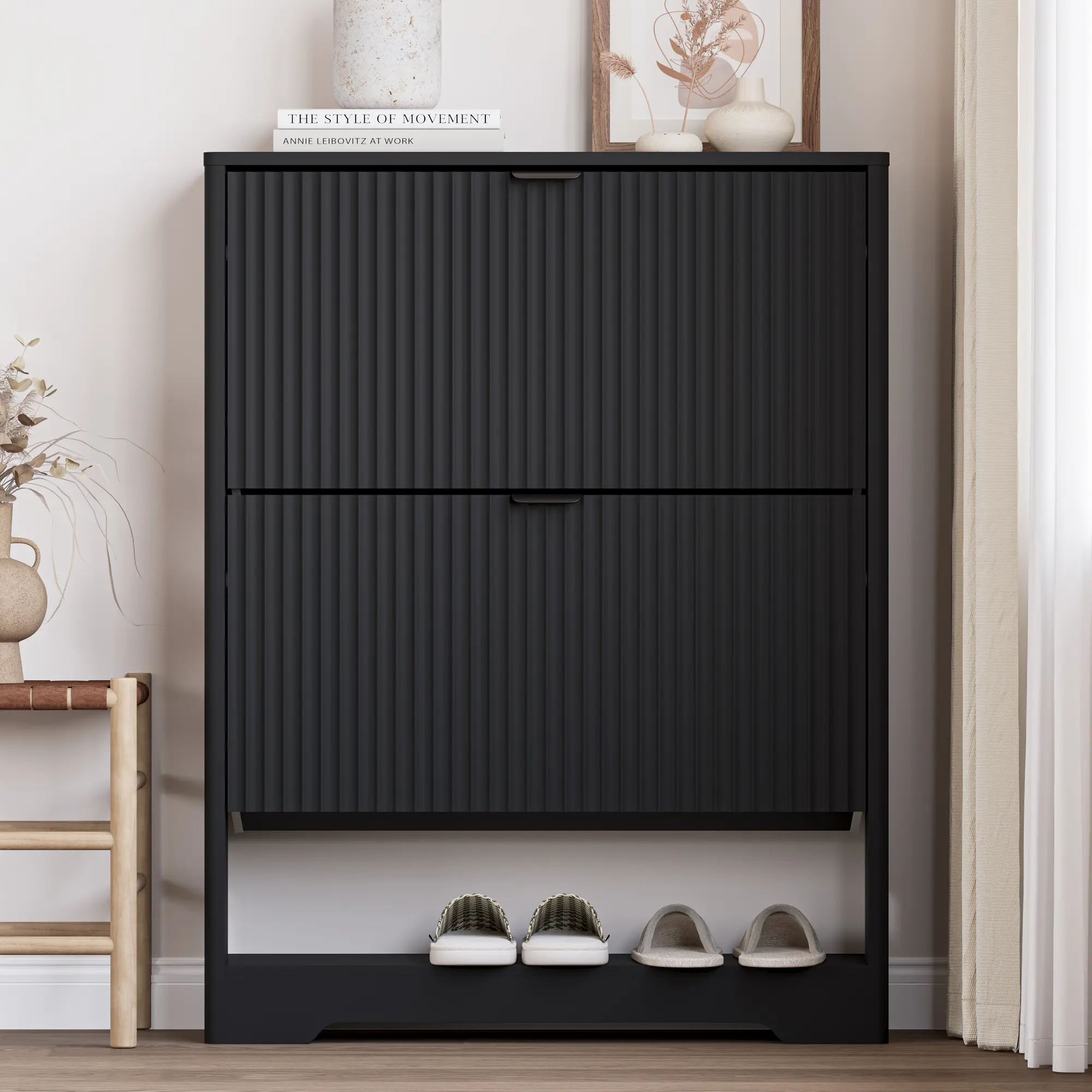 Shoe Cabinet Storage for Entryway with 2 Flip Drawers, Black Fluted Shoe Cabinet with Open Storage, Wooden Hidden Shoe Rack Freestanding Narrow Slim Shoes Organizer for Hallway, Entrance fathers day gift ideas