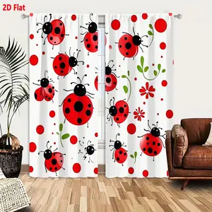 2D Flat  Ladybug & Flower Curtain 2-Piece Set, Cute Cartoon Red Ladybugs Black Spots Red Flowers Green Leaves for Kids Room Bedroom Living Room, Light Filtering & Privacy Protection Window Drapes
