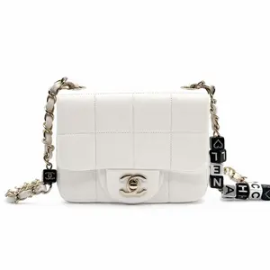 Pre-owned CHANEL Leather Shoulder Bags Monaco Mini Square Flap Bag White Lambskin Light Gold Hardware