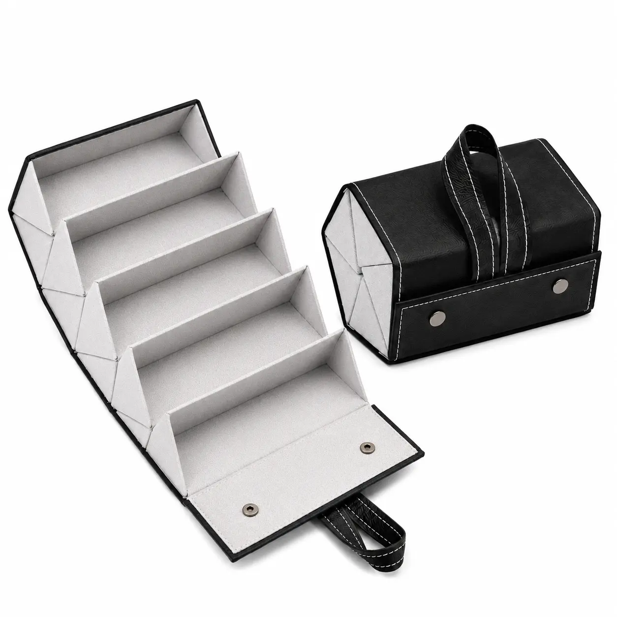 Portable Multi-Grid Eyewear & Jewelry Organizer Box – 5-Compartment Foldable Travel Storage Case with PU Leather Finish, Compact Display for Glasses, Watches & Accessories (Black)