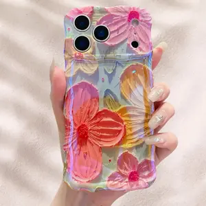 Laser Colorful Retro Oil Painting Flower Pattern for iPhone 17 Pro Max/17 Air 16 15 14 13 Pro Cute Curly Wave Frame Exquisite Phone Case for Girls Women, Shockproof TPU Protective Phone Cover