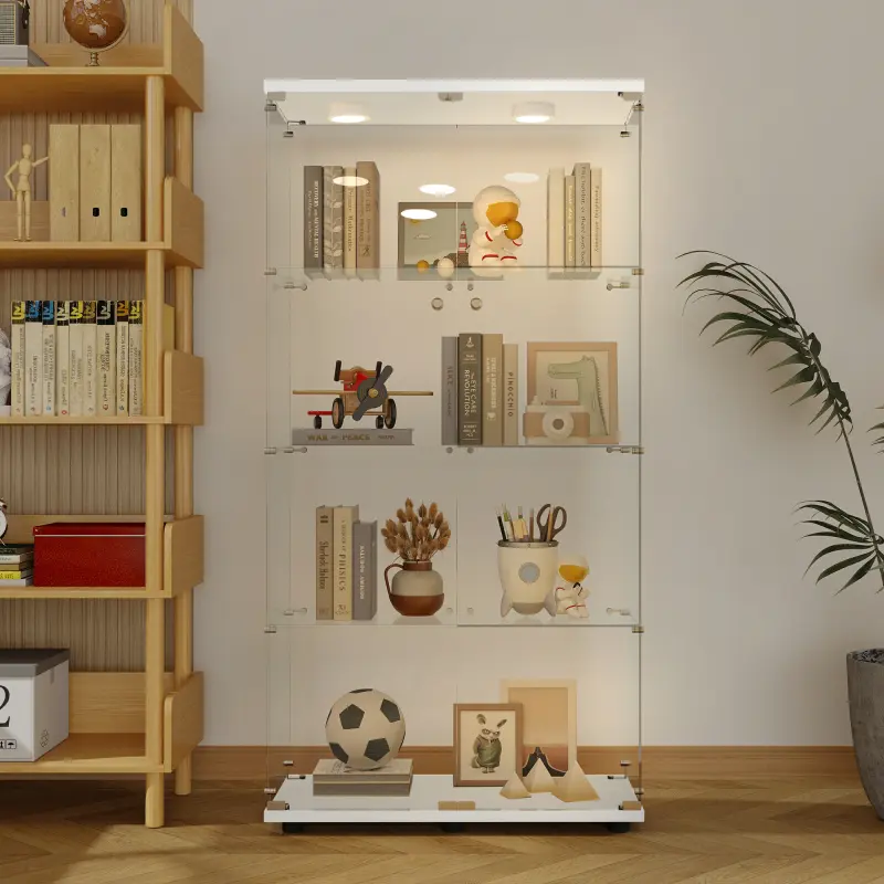 Bellemave Tempered Glass Display Cabinet White 64.69" H x 30.91" W x 13.58" D with Battery-Powered PAIPAI Lights Adjustable Casters & Door Locks for Uneven Ground Storage File Cabinet