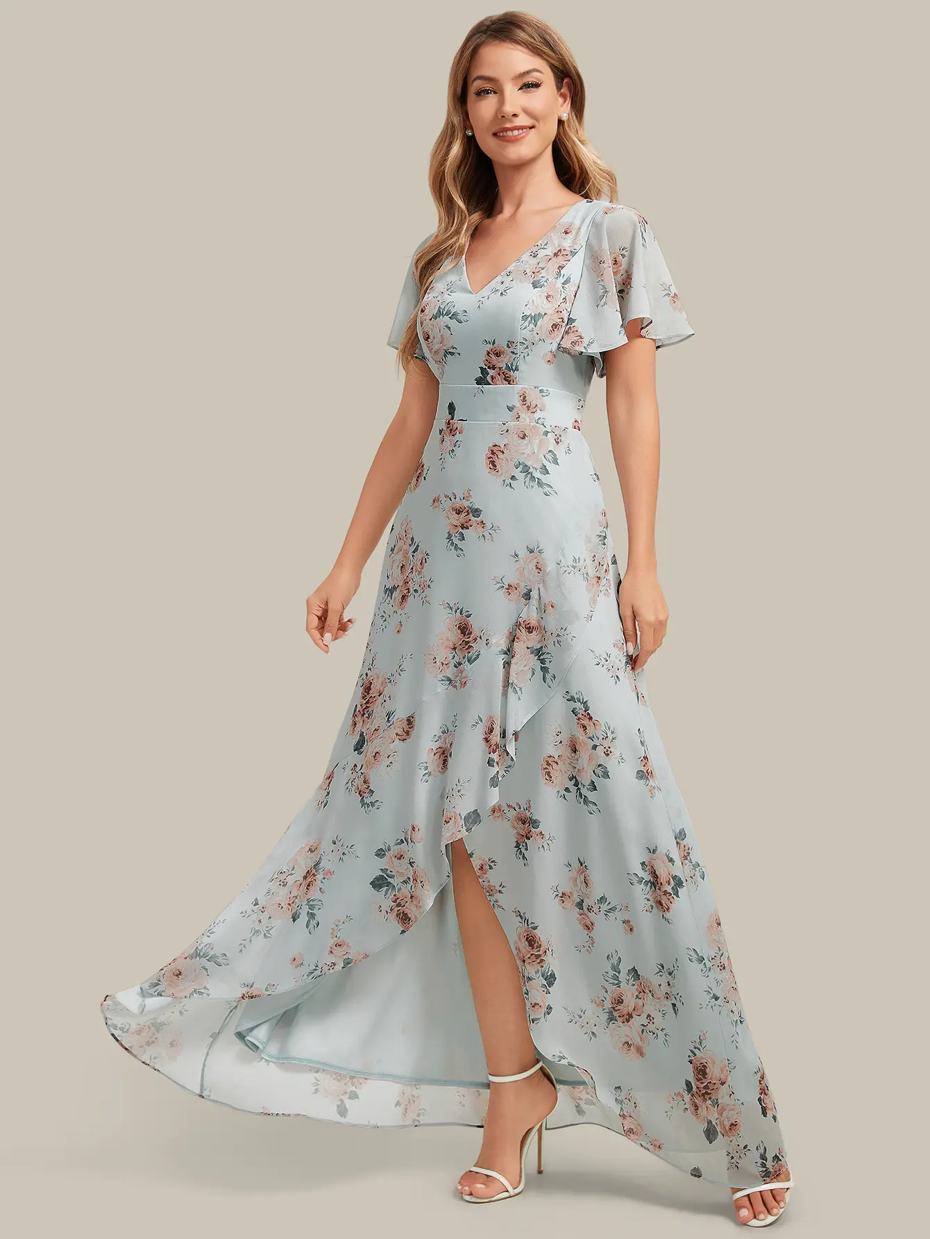 Ever-Pretty 2026 New Trend Natural Waist Chiffon High-Low Dress – No Stretch but Soft & Breathable – Perfect for Wedding Guest, Formal Event or Romantic Date ES02758, Gowns, Lady, Shortsleeve, Floral, Women, Wedding Guest Dresses, Elegant Dresses