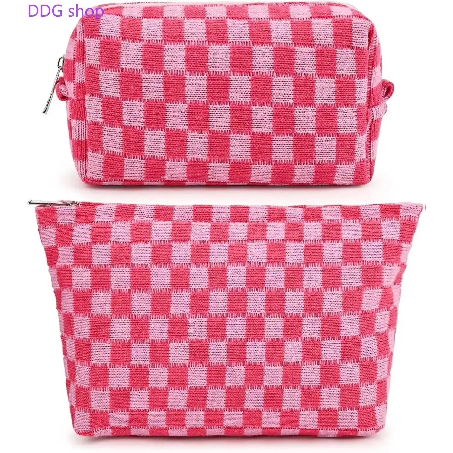 SOIDRAM 2 Pieces Makeup Bag Large Checkered Cosmetic Bag Capacity Canvas Mix Travel Toiletry Bag Organizer Cute Makeup Brushes Aesthetic Accessories Storage Bag for Women, Checkered Mix Rose Red
