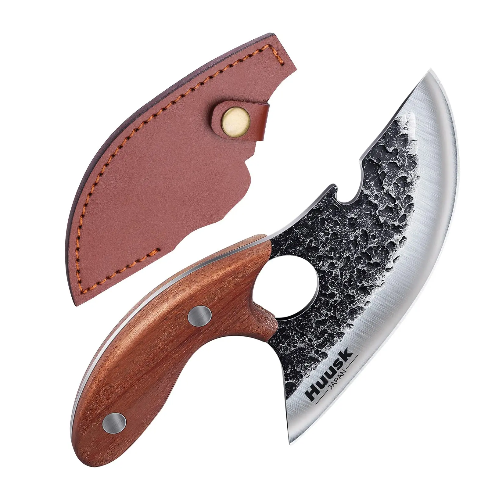 Huusk Viking Boning Knife for Meat Cutting - Small Ulu Knife - Hand Forged Full Tang Knife for Kitchen or Camping - Premium Steel - Portable, Wood,BlackFriday Gift