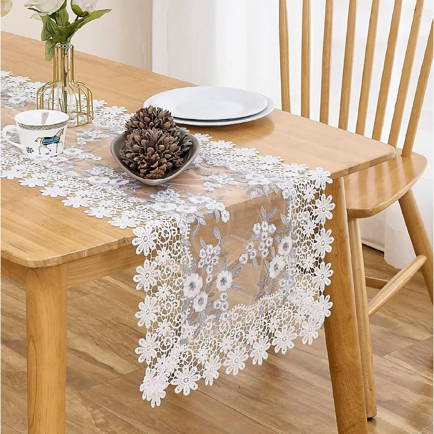 Elegant Lace Design Synthetic Table Runner - 16"x36" Neutral Tone Table Decor, Cold Wash Dresser Scarf for Spring, Wedding Kitchen Party (Gray), Dining Table Decor, Floral Motifs