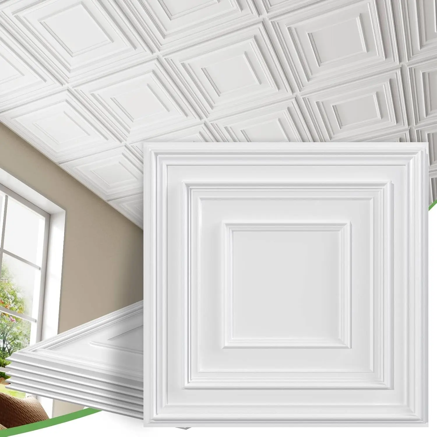LooYee 24 Pcs 2x2ft Decorative PVC Glue-Up Drop Ceiling Tiles, White Interior Ceiling Panels, High-Grade Reusable Breakage-Resistant, 96 Sq. Ft Easy Installation