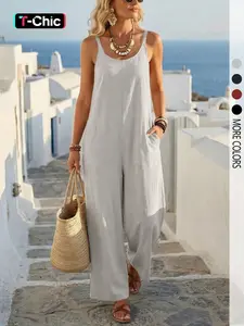 Women's casual solid color backless suspender jumpsuit, Overalls, Loose, Chic, suitable for daily commutes and vacations.