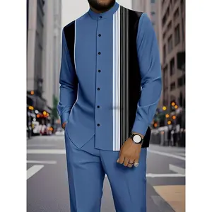 Men's Two Piece Set Comfortable Stand Collar Long Sleeve Shirt Striped Colorblock Print Outdoor Casual Streetwear Spring Fall