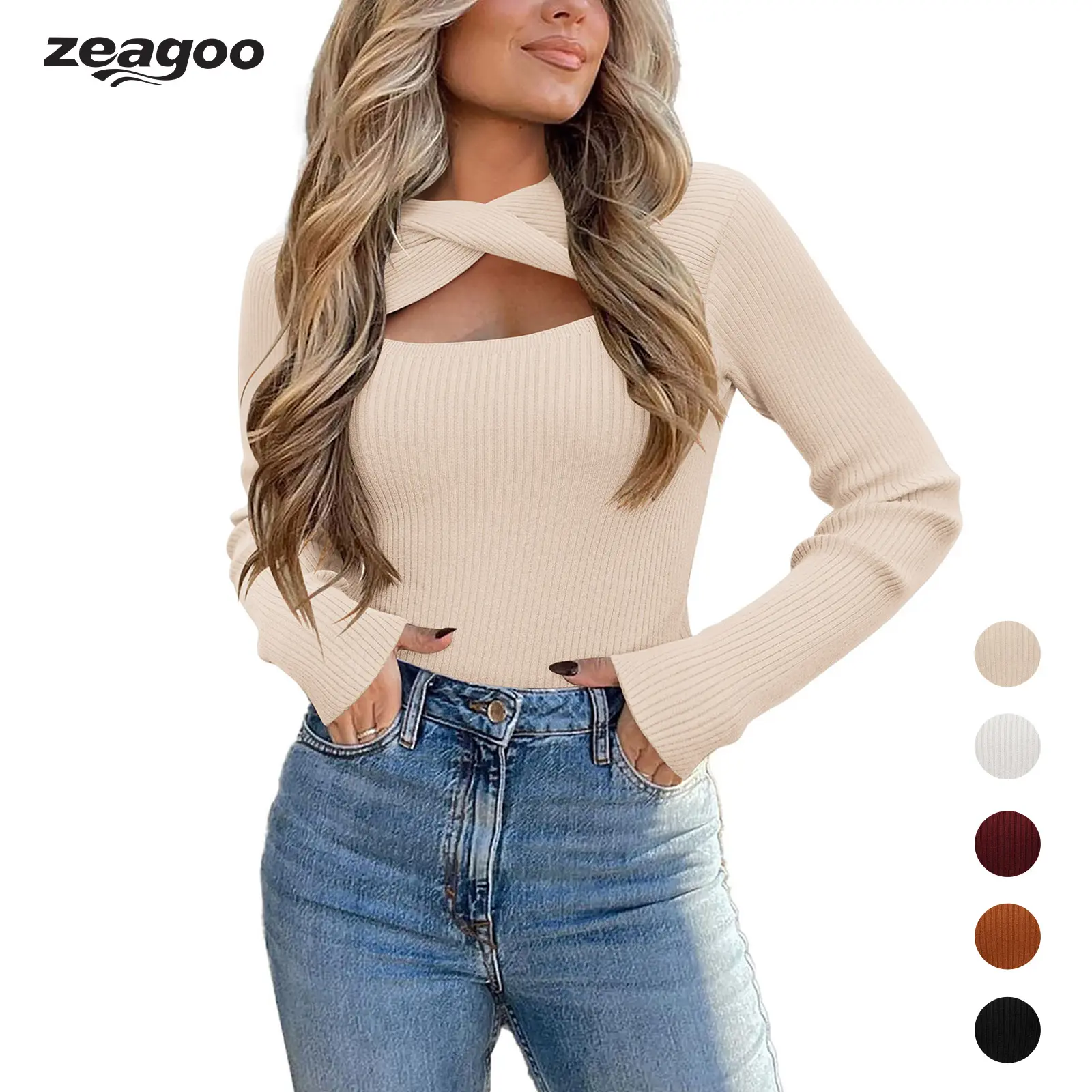 ZEAGOO Women's Knit Pullover Sweater - Long Sleeve, Cutout Design, Lightweight Crew Neck, Fitted Basic Fabric Knitwear for Ladies, Fall Tops, S-XXL Casual Womenswear, Lady, Breathable, Soft, Full Sleeve