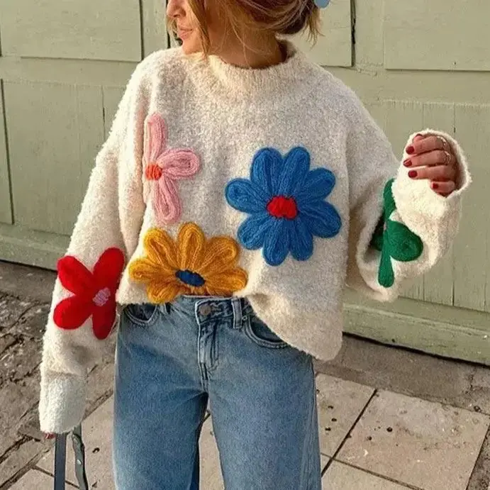 Rosa Sweet Colorful Floral Decorative Knit Jumper