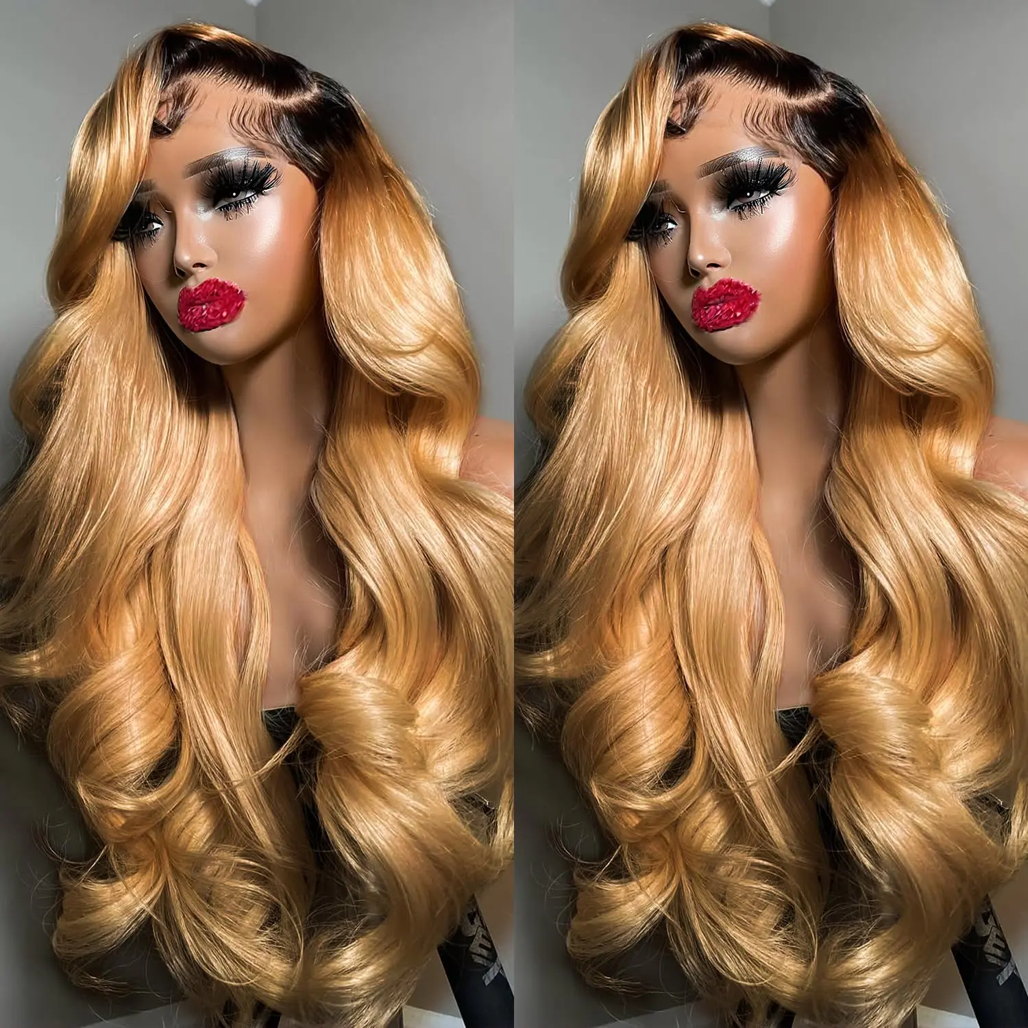 Honey Blonde Lace Front Wigs Human Hair 13x6 Ombre Transparent Lace Front Wig 12A Body Wave Human Hair Wig 1B/27 Highlight Body Wave Lace Front Wigs Glueless Wigs Human Hair for Women Pre Plucked with Baby Hair