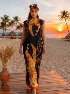 Women's Casual Boho Bohemian Striped Long Dress Set, Slim-Fitting Moo Moo Skirt & Scarf, Beach Sun Protection Shawl, All Seasons Fashion