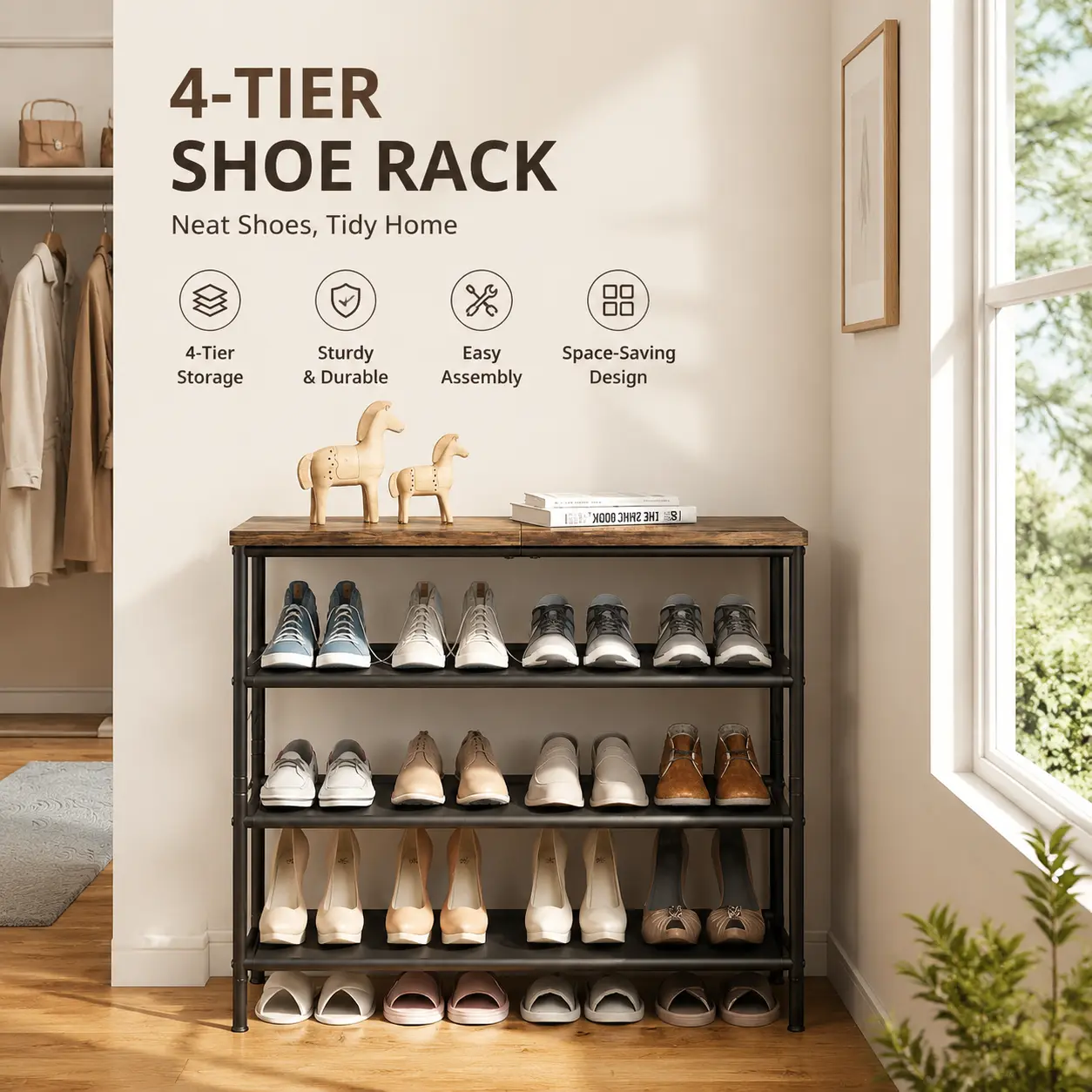 SUOERNUO Shoe Rack Organizer 4 Tier 5 Tier 6 Tier Metal Storage Shelf with Industrial MDF Board & Layer Fabric for Garage Home Organization