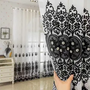 Elegant European Style Thick Hollow Embossed Beaded Tapestry Lace Curtain, Sheer Window Drapes for Living Room Bedroom Balcony Sunshade, Home Decoration Curtain
