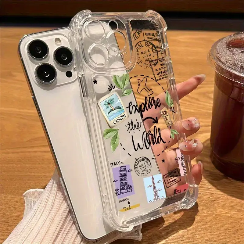 A travel-style airplane stamp pattern anti-drop transparent phone case suitable for iPhone 17 Air/16 Plus/15 Pro Max/14 Pro/13/12/11/XS Max/X phone case, perfect for holiday gifts for family, friends, lovers, girlfriends TMTKK33