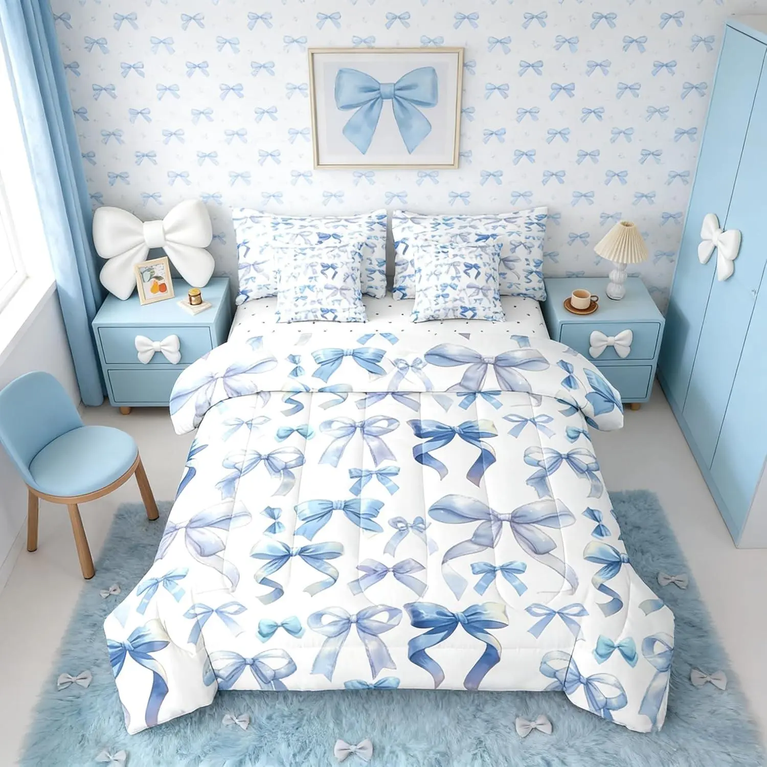 Feelyou 7-Piece Microfiber Luxe Cute Bedding Set - Ultra Soft Girly Blue Bowknot Comforter, Bedsheets, Ribbon Coquette Bed Bag, Blanket for Daughters, Ideal for Valentine's Day, Children's Day
