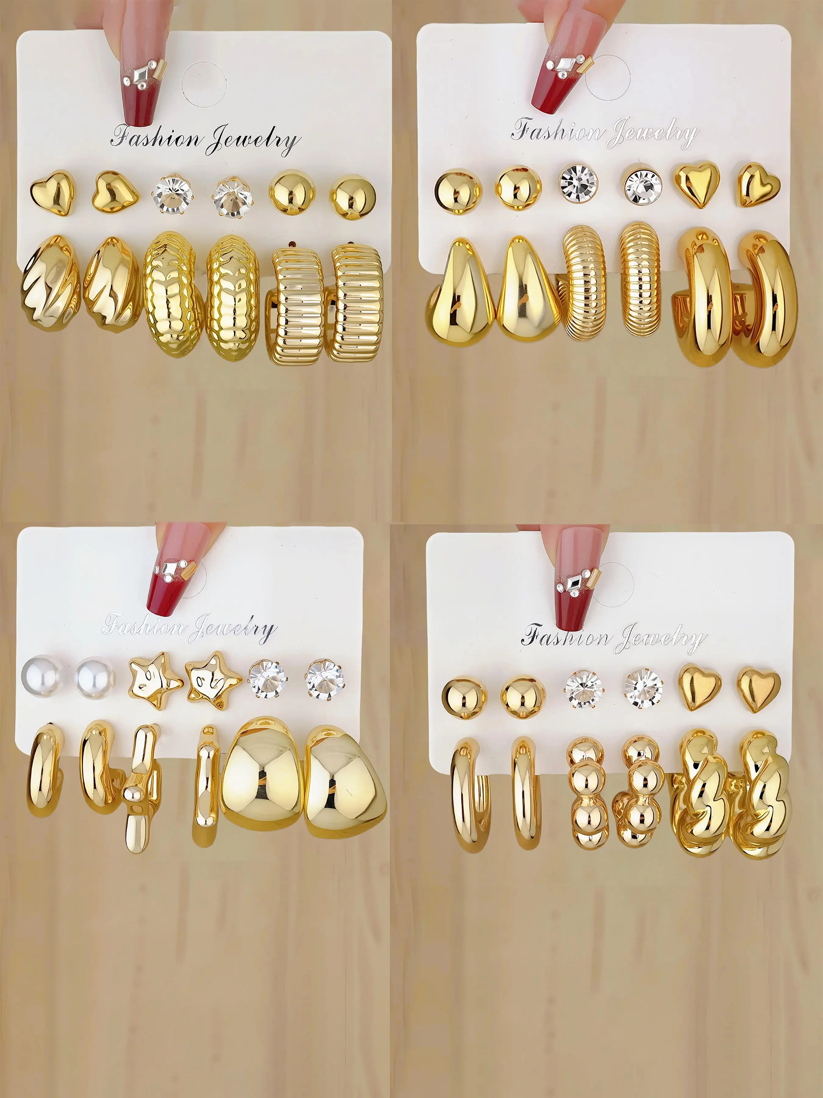 12-Piece Ccb Earring Set with Rhinestones, Plated, Lightweight Design, Eco-Friendly Electroplating, Perfect for Daily Wear