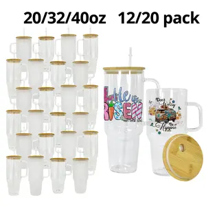 Round Shape Sublimation Glass Mug with Handle, Bamboo Lid & Insulated Straw Cup - 20/32/40oz Sublimation Blank Tumblers, 12/20 Pcs Bulk Set, Reusable Portable Kitchen Drinkware for Iced Coffee, DIY Festive Gifts,summervibes