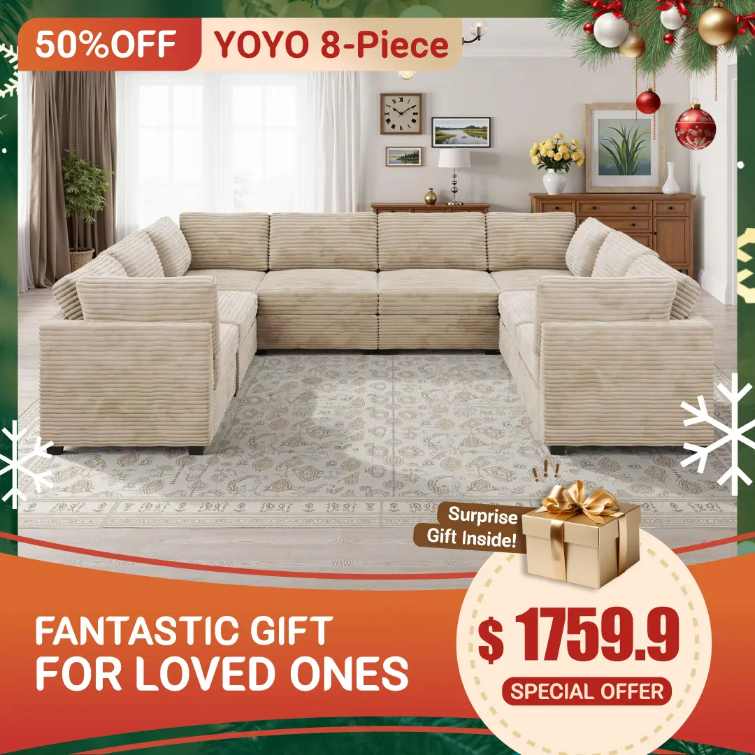 【8 Packages Shipping】Ovios 130.7" Modular Sectional Sofa Couch, U-Shaped Minimalist Couches with 2 Oversized Chaise, L-Shaped Modern Deep Seat Cloud Plush Corduroy Sofas Set for Living Room, 8 Seater