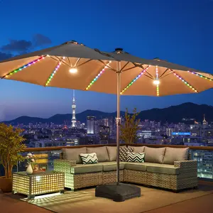 POUUIN 15x9FT Polyester Oversized Double-Sided Rectangular Outdoor Patio Furniture Umbrella, High-End UV-Protective Market Umbrella with Crank Handle, RGB Stripes Solar-Powered Color-Changing Lights, and Base for Garden, Pool outdoorfun